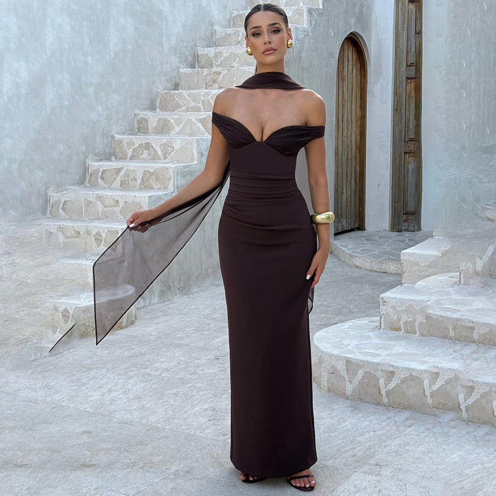 Elegant Strapless Mesh Backless Bodycon Dress 2-Piece Set with Neck Scarf