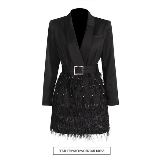 Women's Embellished Feather and Beadwork Blazer Dress