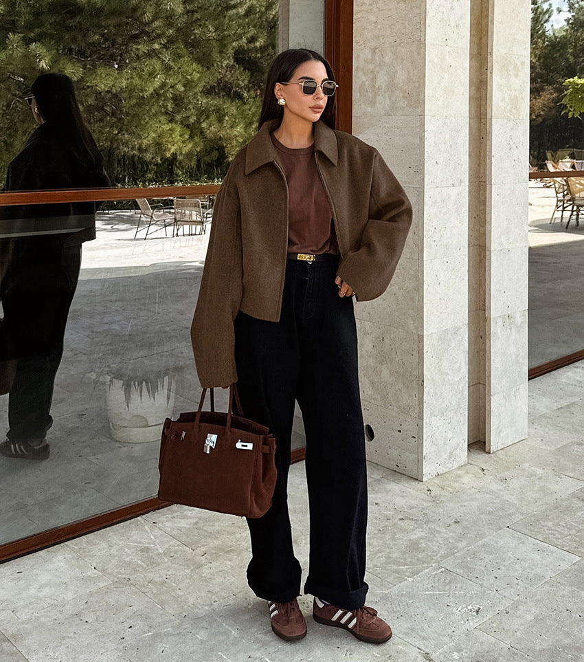 Women's Lapel Long Sleeve Zipper Woolen Coat - Premium Fashion Jacket