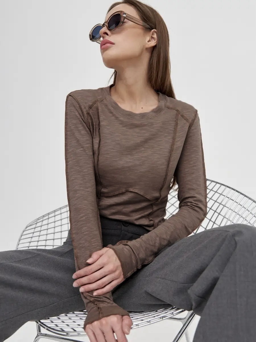 Women's Fashion Casual Contrast Stitching Crew Neck Long Sleeve T-Shirt