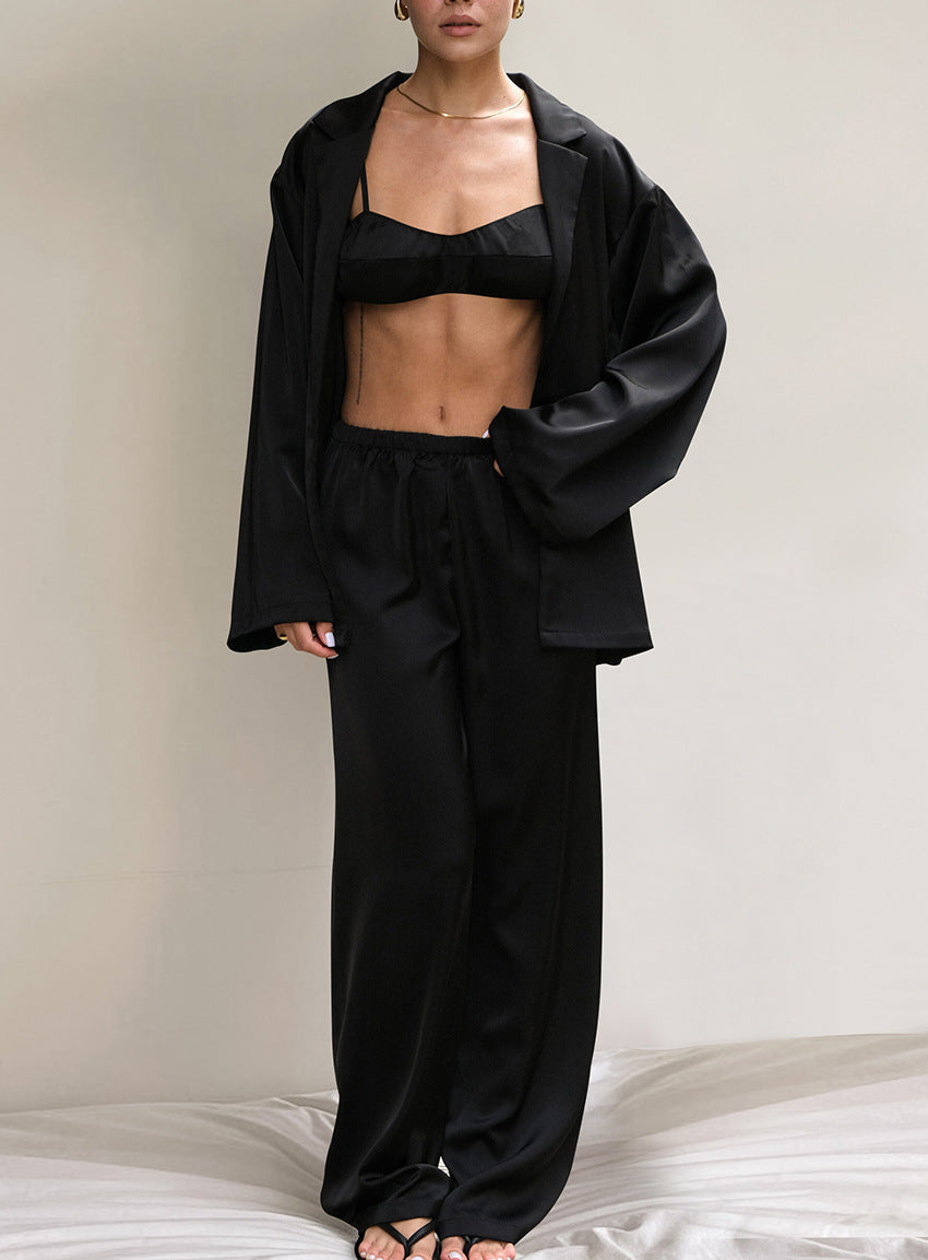 Women’s Satin Long Sleeve Pajama Set – 3-Piece Soft & Silky Loungewear with Robe, Top & Pants