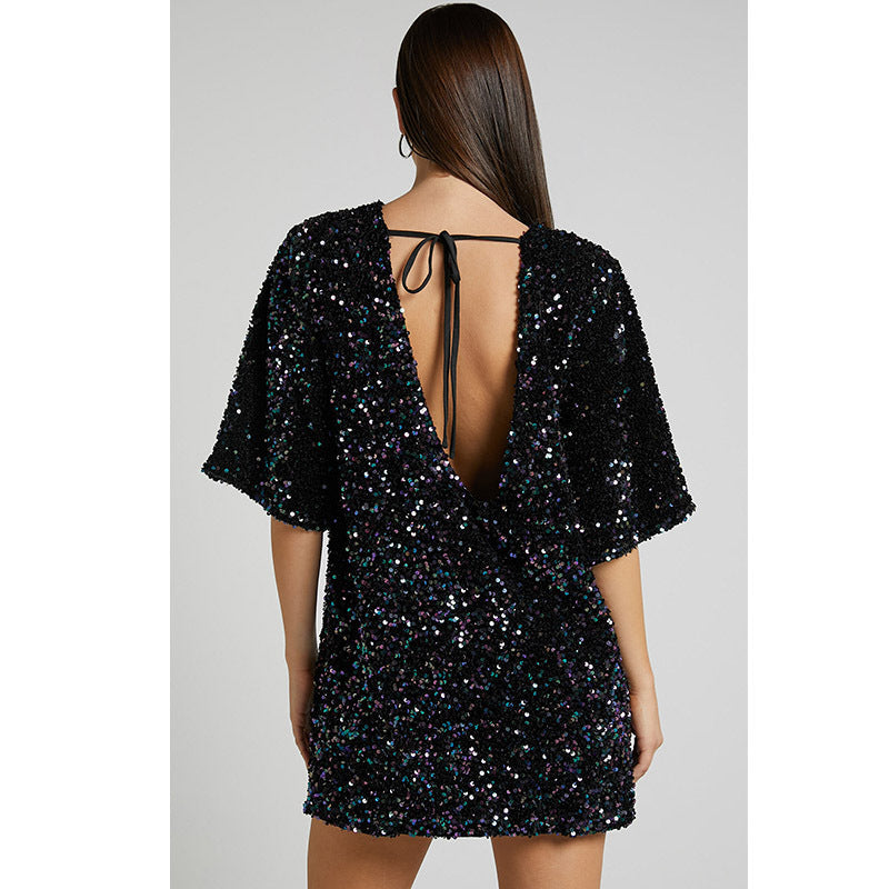 Women's Fashion Back V-Neck Backless Velvet Sequin Short Sleeve Dress