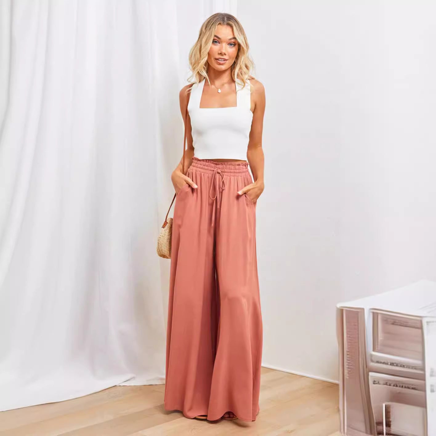 Women’s Multi-Color Elastic Waist High-Waisted Wide-Leg Long Skirt Pants