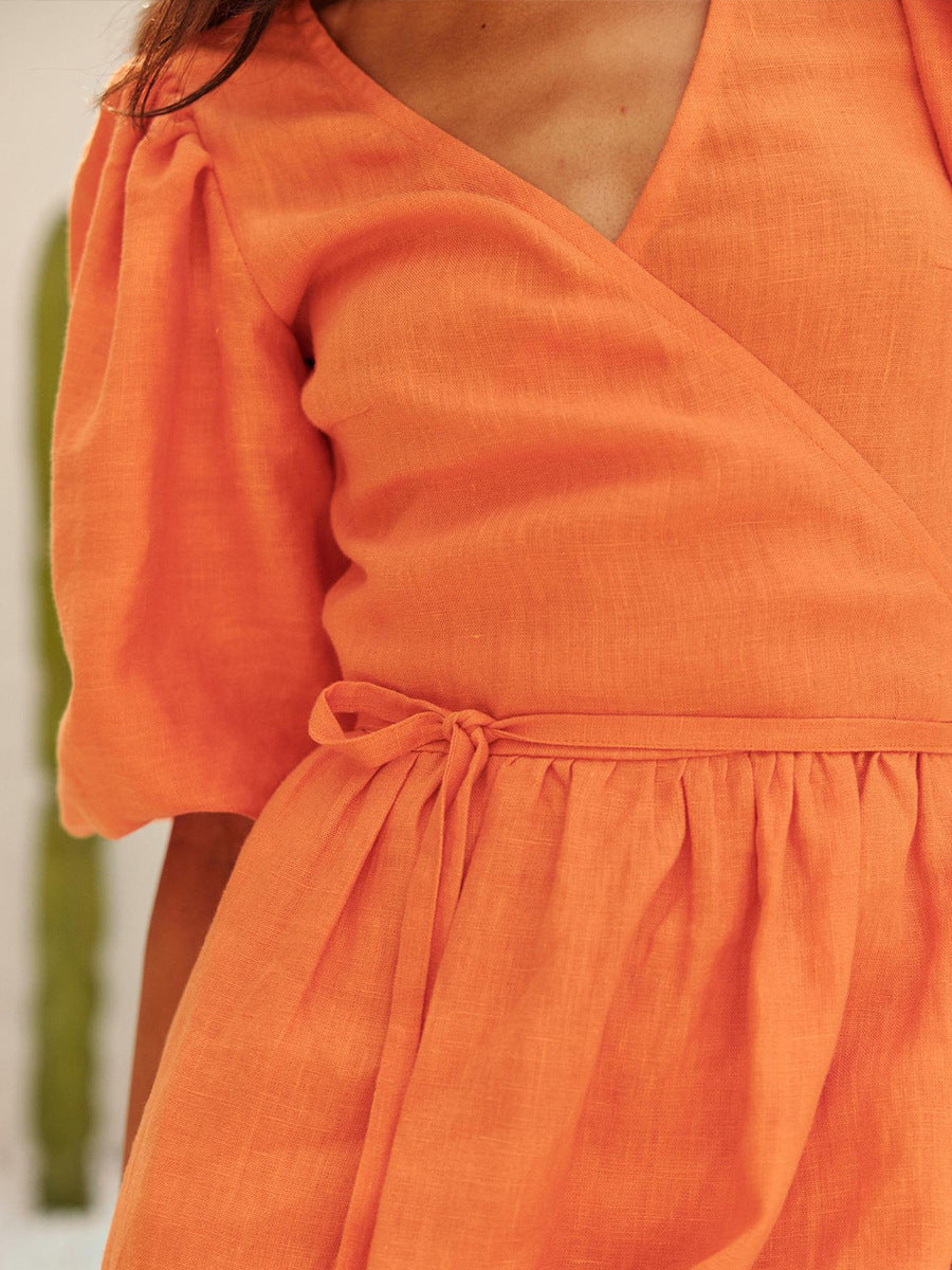 Women's Cotton Tie-Waist Puff Sleeve Midi Dress