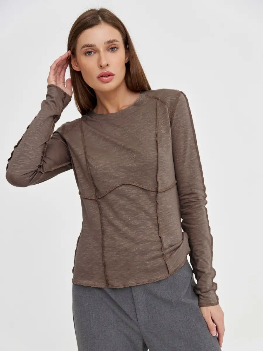 Women's Fashion Casual Contrast Stitching Crew Neck Long Sleeve T-Shirt