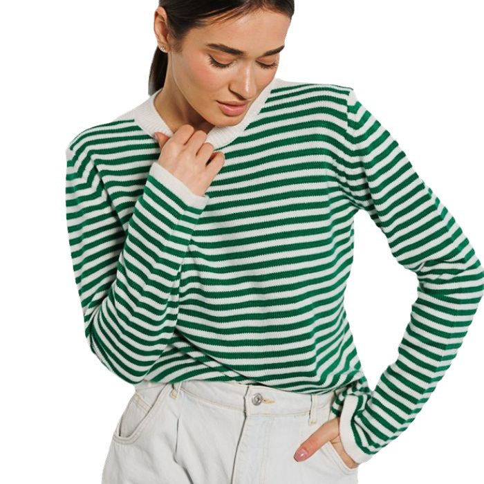 Women's Fashion Ribbed Color Block Striped Crew Neck Knit Sweater