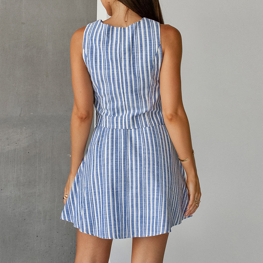 Women's Summer Blue Striped Cotton Linen Sleeveless Vest and Skirt Set