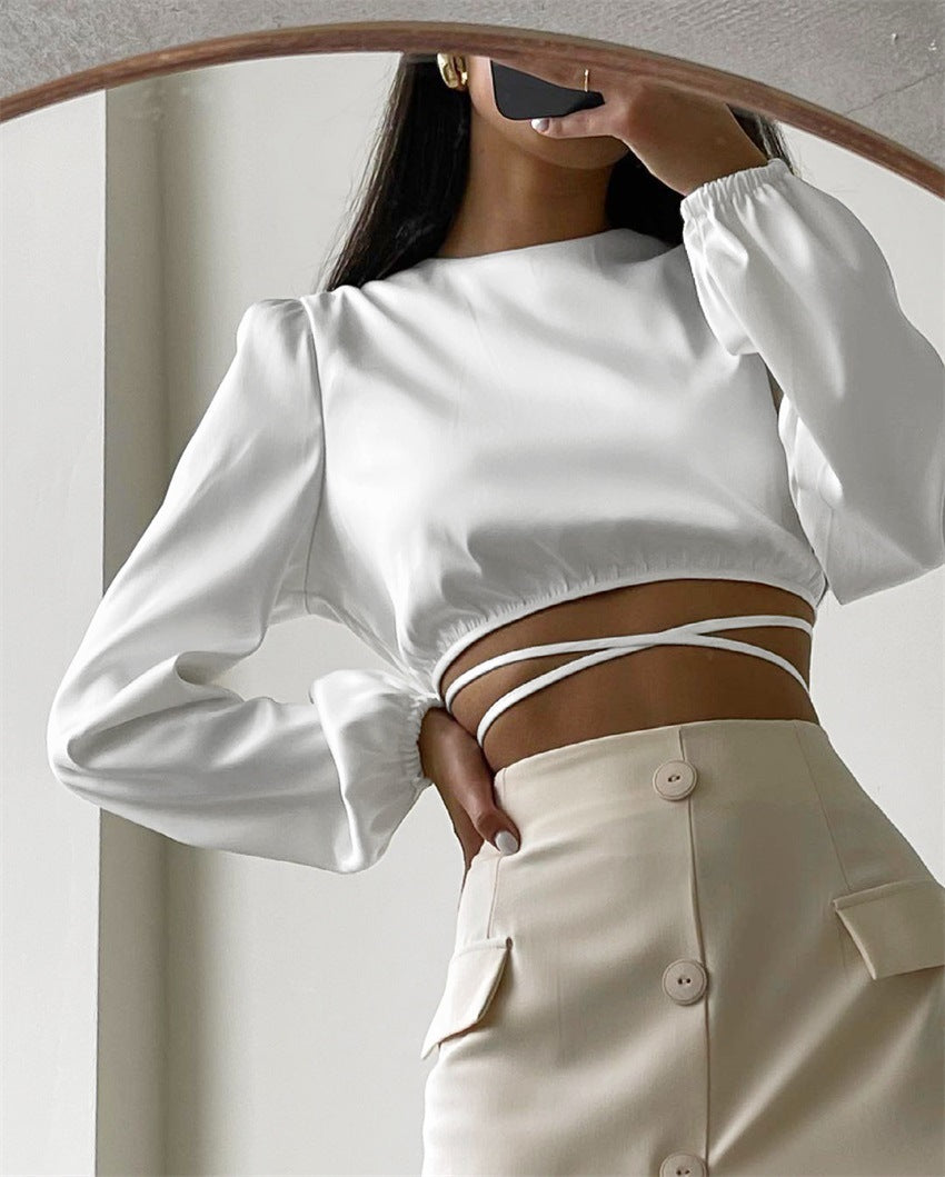 Satin Cropped Long Sleeve Top