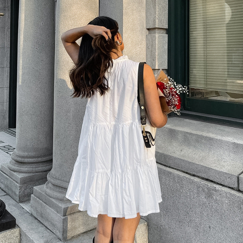 Women's Spring and Summer Versatile White Round Neck Bow Tie Short Dress