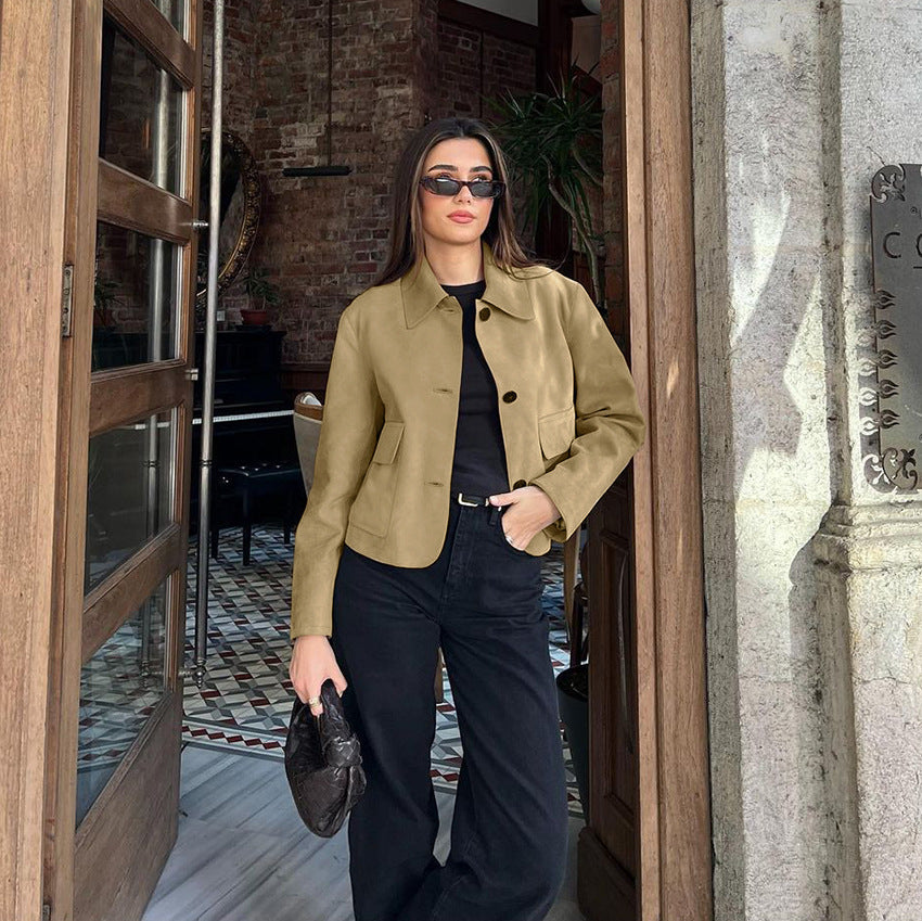 Women's Brown Suede Blazer - Fashionable Versatile Lapel Design