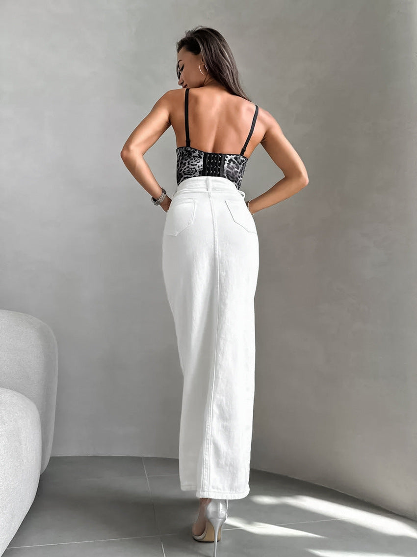 Women's White High-Waisted Fitted Button Skirt 100% Cotton