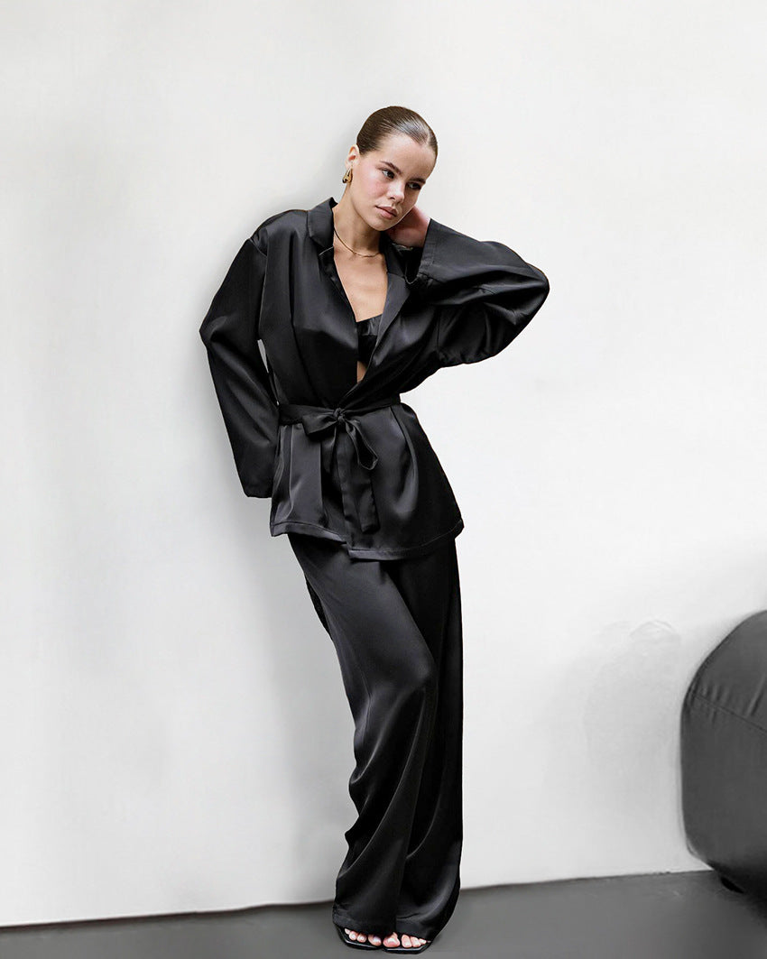 Women’s Satin Long Sleeve Pajama Set – 3-Piece Soft & Silky Loungewear with Robe, Top & Pants