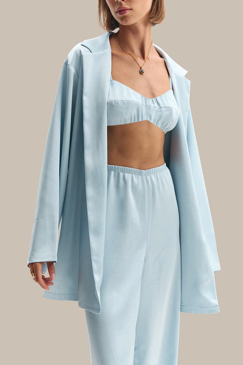 Women’s Satin Long Sleeve Pajama Set – 3-Piece Soft & Silky Loungewear with Robe, Top & Pants