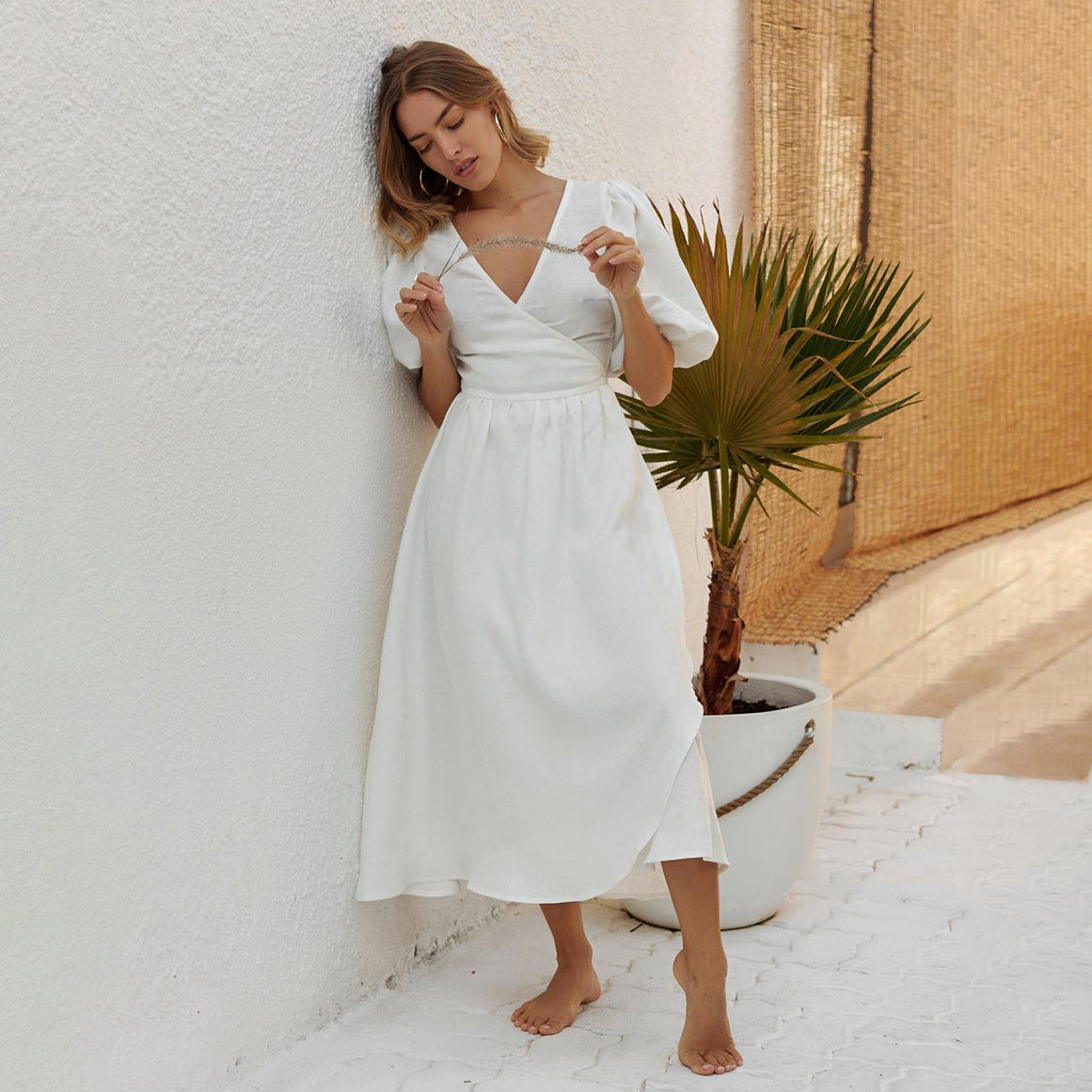 Women's Cotton Tie-Waist Puff Sleeve Midi Dress