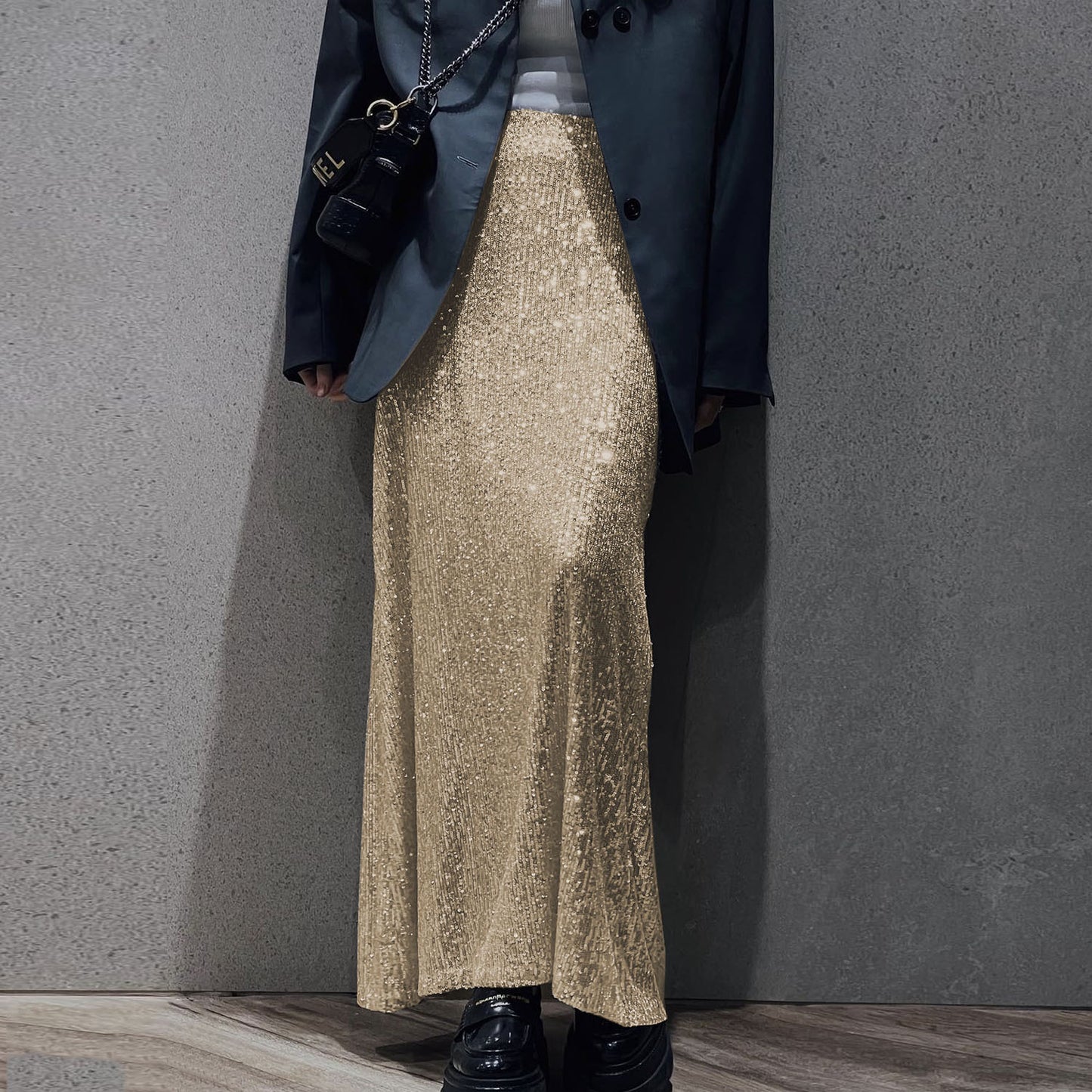 Women's High-Density Sequin Maxi Skirt, High Waist Elastic Design, Perfect for Party and Event Wear