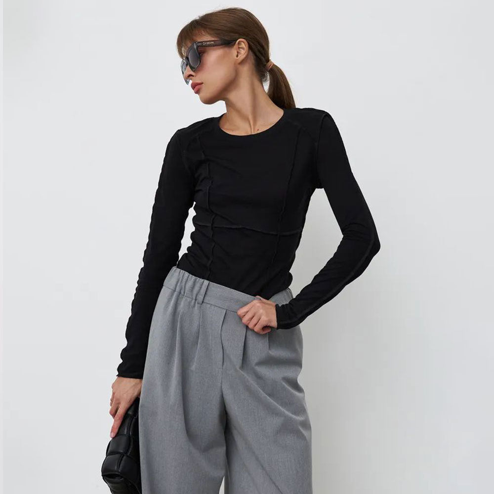 Women's Fashion Casual Contrast Stitching Crew Neck Long Sleeve T-Shirt