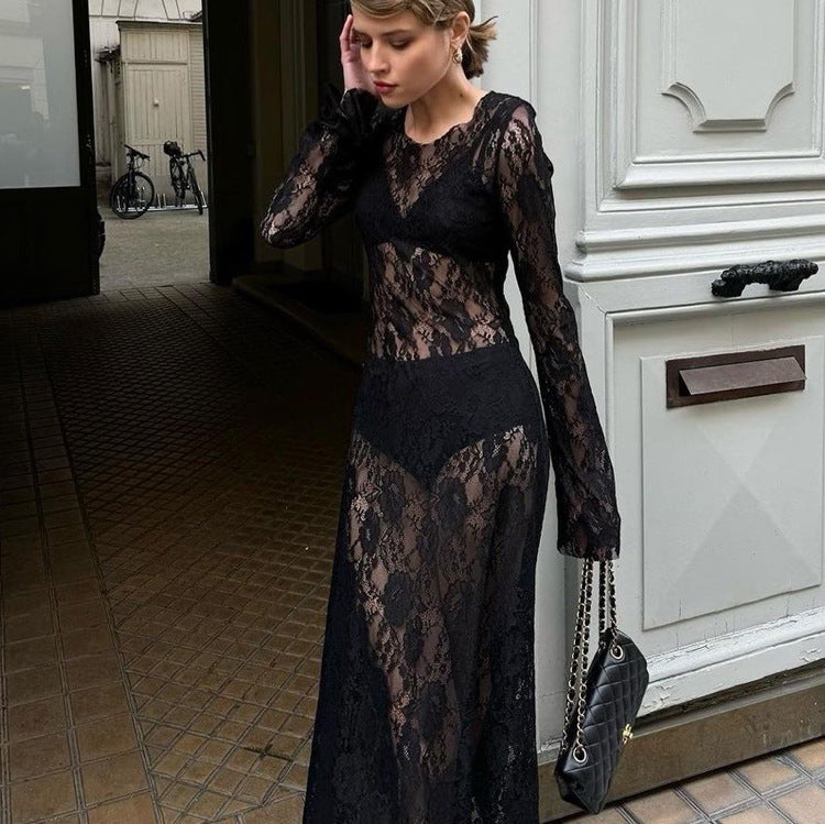 Summer Sexy Black Lace Round Neck Long Sleeve Asymmetrical Slit Dress