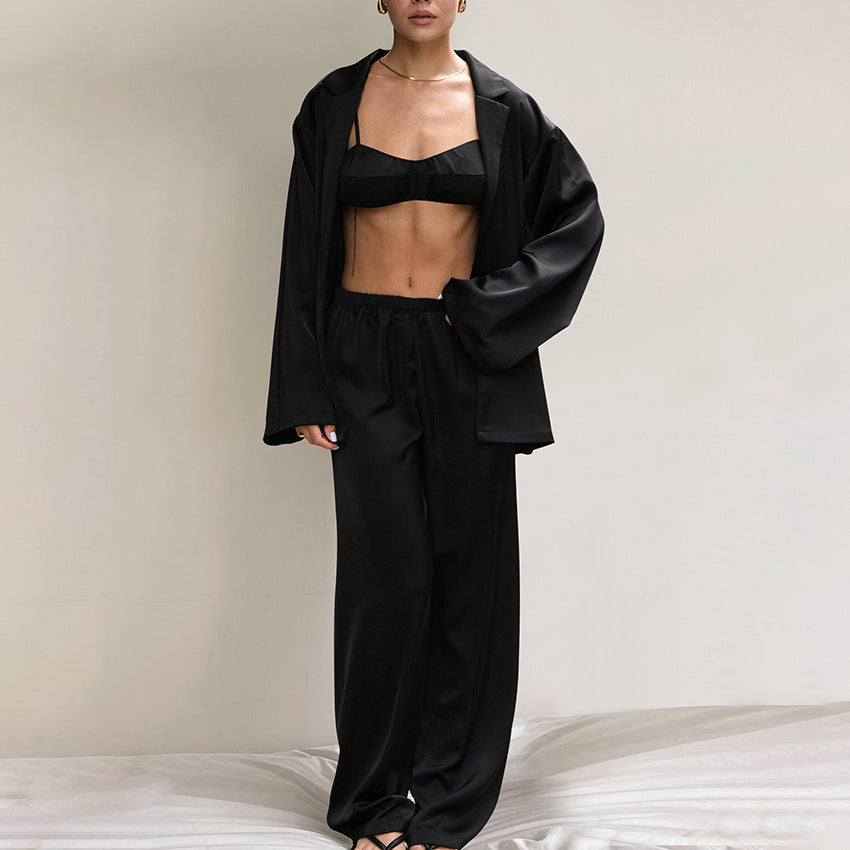 Women’s Satin Long Sleeve Pajama Set – 3-Piece Soft & Silky Loungewear with Robe, Top & Pants