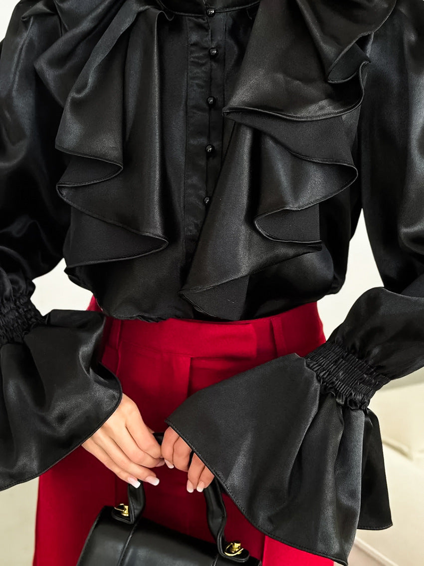 Women's Vintage Ruffle Stand Collar Satin Shirt with Bell Sleeves and Glossy Finish