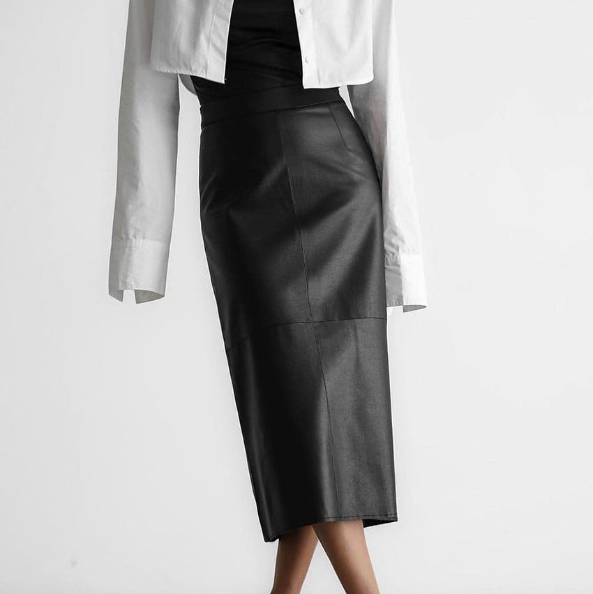 Women's High-Waisted Split PU Leather Pencil Skirt