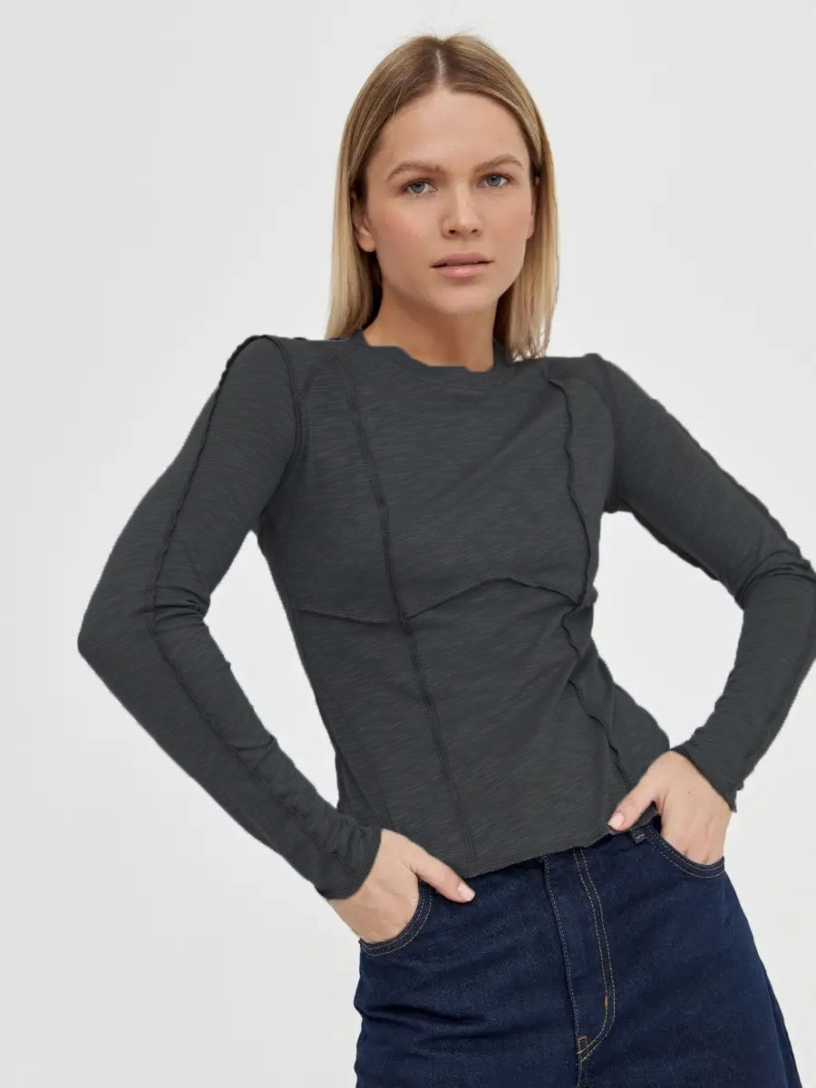Women's Fashion Casual Contrast Stitching Crew Neck Long Sleeve T-Shirt