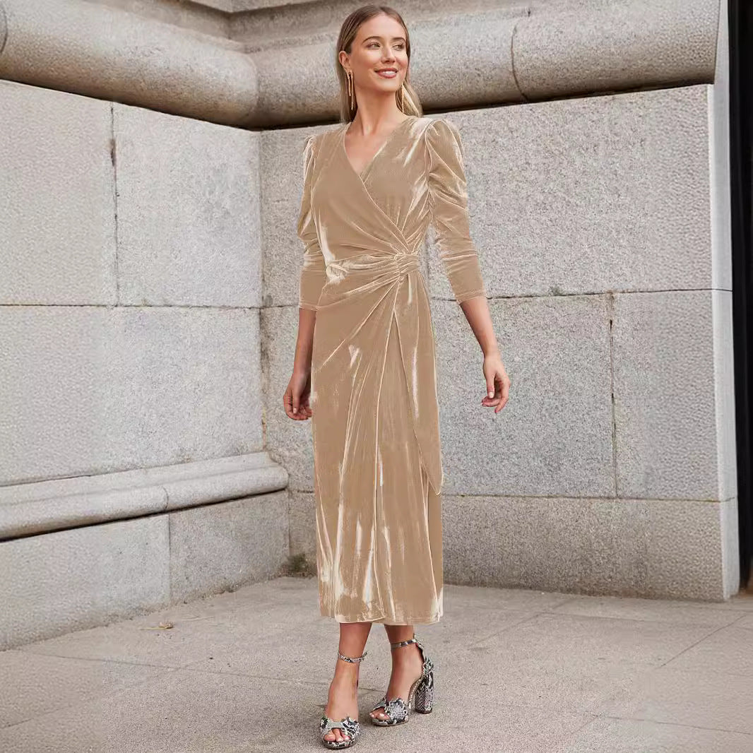 Women's Solid Color Tie Waist V-Neck Velvet Dress - Luxurious Velvet Fabric
