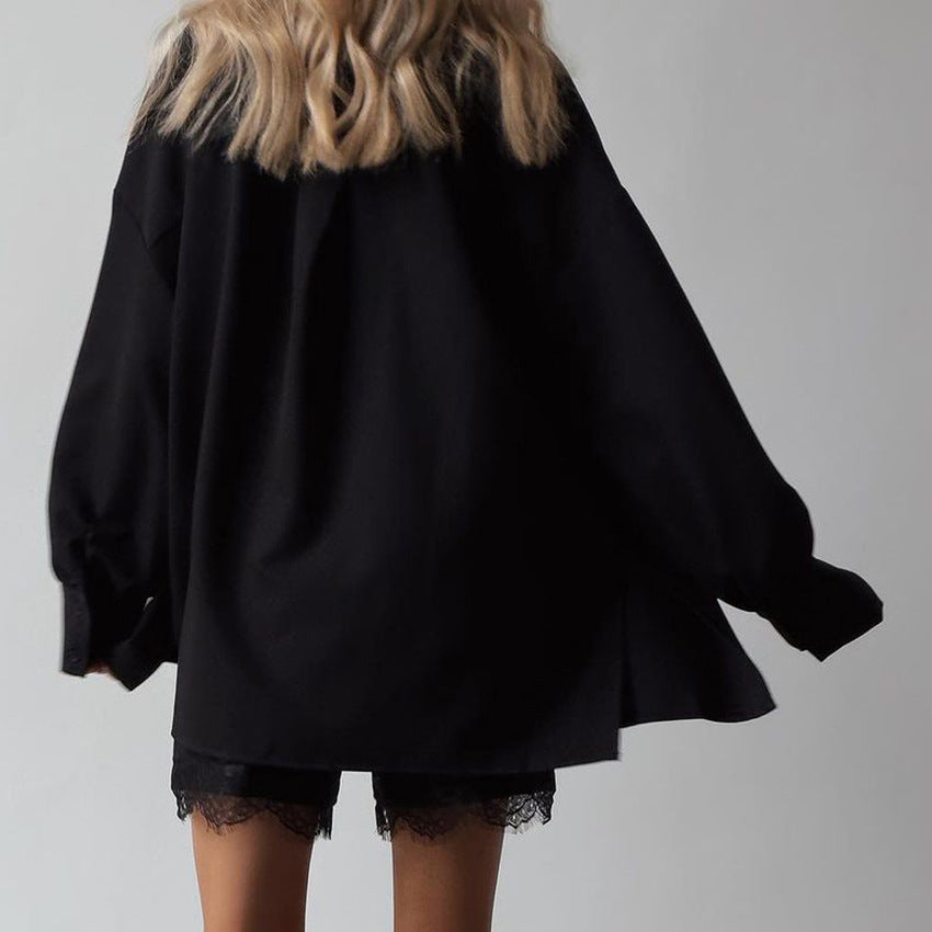 Luxury Black Lace Trim Pajama Set for Women – Long Sleeve Top & Shorts Sleepwear