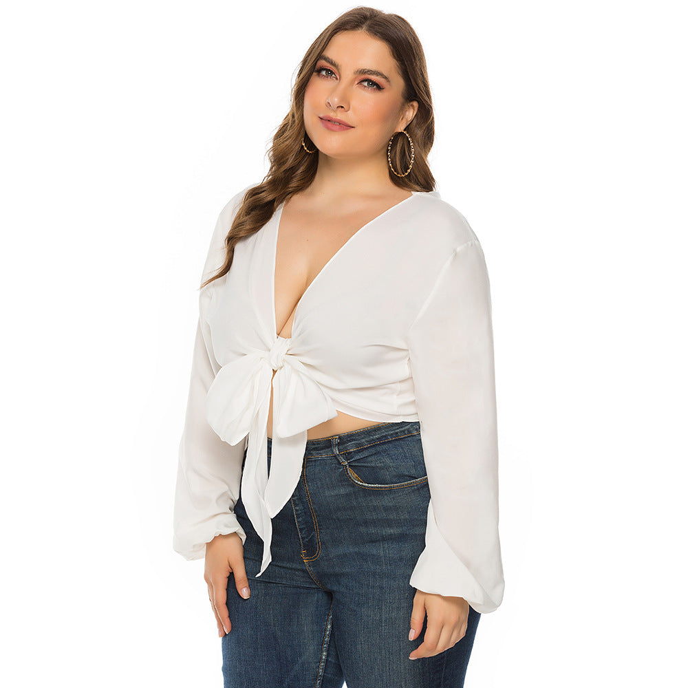 Plus Lantern Sleeve Tie Front Crop Top