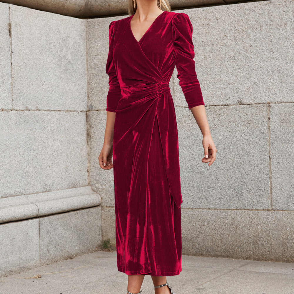 Women's Solid Color Tie Waist V-Neck Velvet Dress - Luxurious Velvet Fabric