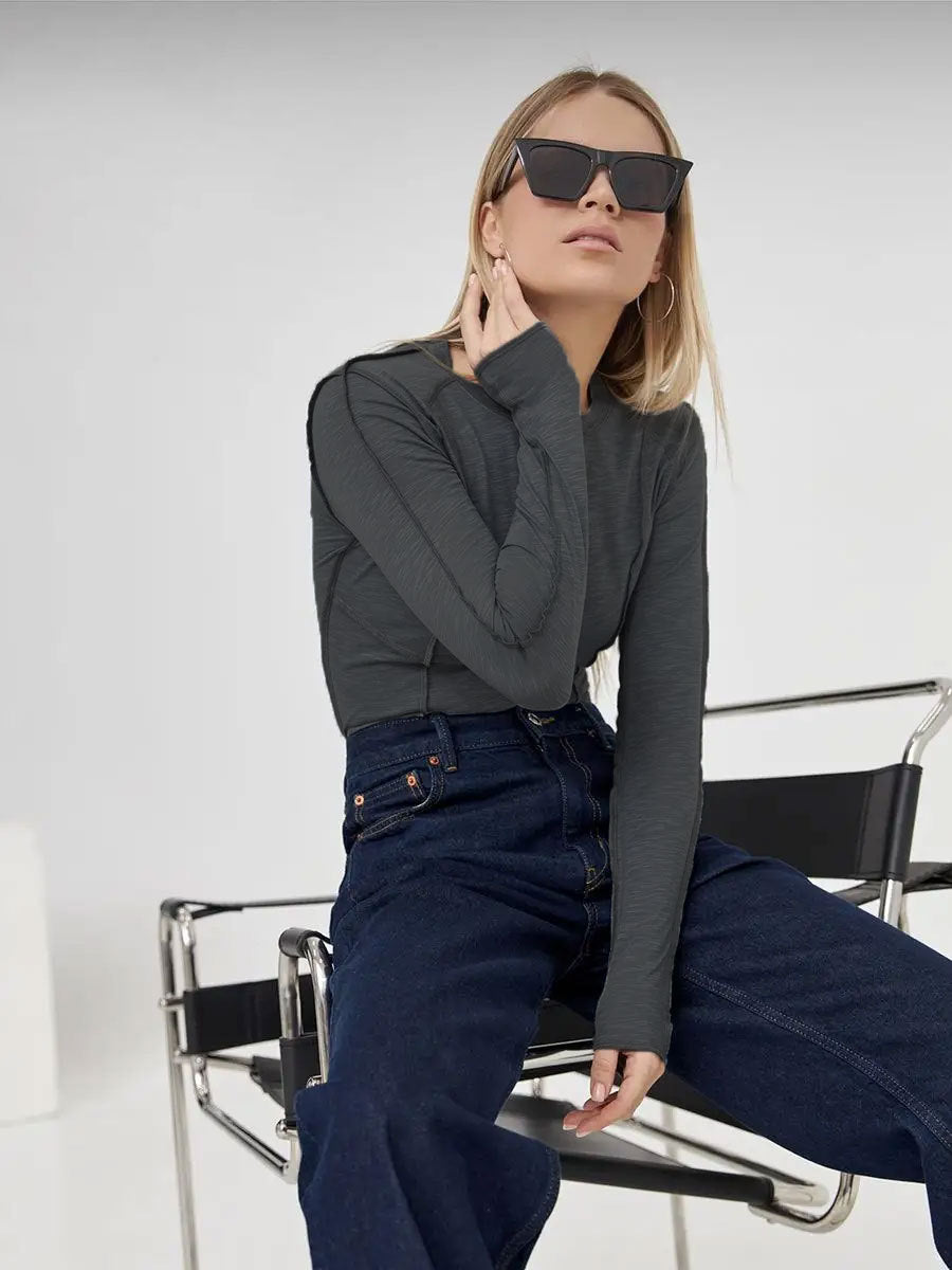 Women's Fashion Casual Contrast Stitching Crew Neck Long Sleeve T-Shirt
