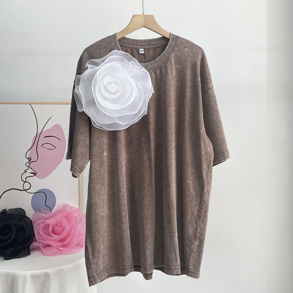 Faded Washed Vintage Cotton Short-Sleeve T-Shirt with Oversized 3D Floral Embellishment