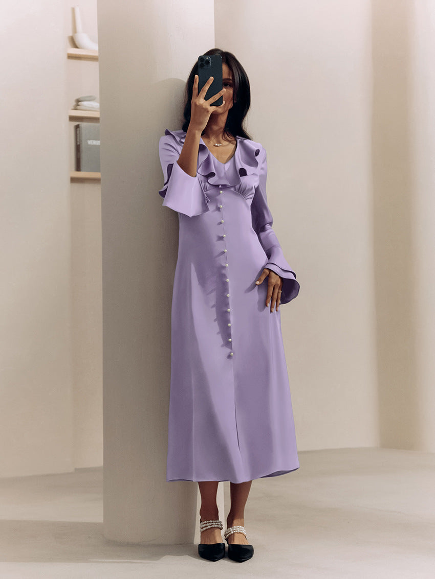 Women's French Satin V-neck Flare Sleeve High-waist Ruffle Dress