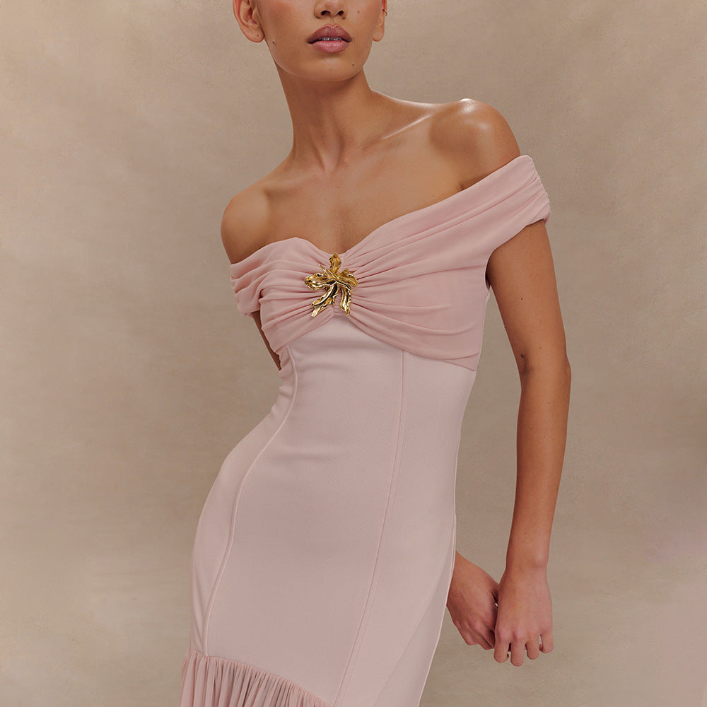 Elegant Strapless Mesh Patchwork Backless Ruched Bodycon Maxi Dress for Women