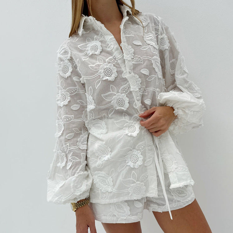 Women’s Autumn Fashion Cotton Embroidered Sheer Shirt with High-Waisted Shorts Set