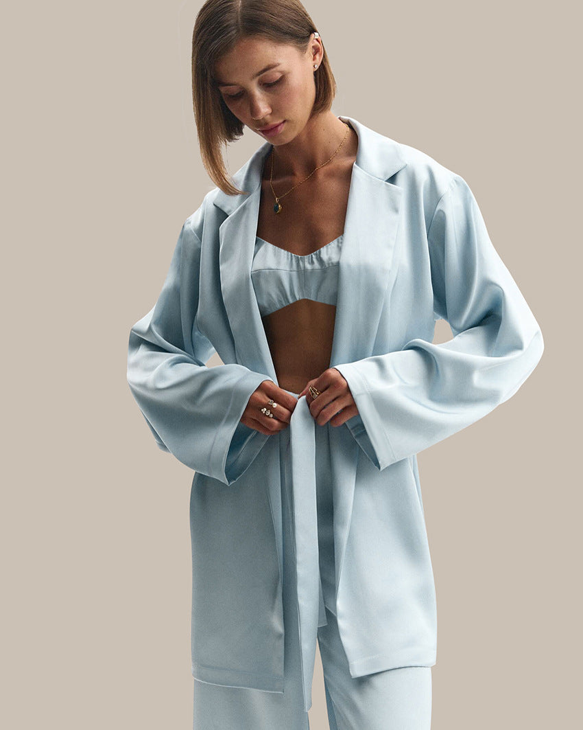 Women’s Satin Long Sleeve Pajama Set – 3-Piece Soft & Silky Loungewear with Robe, Top & Pants