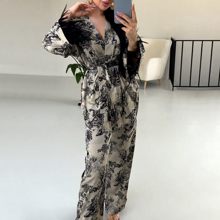 Women’s Autumn & Winter Velvet Loungewear Set – Knitted Long Sleeve Top & Feather-Trim Pants