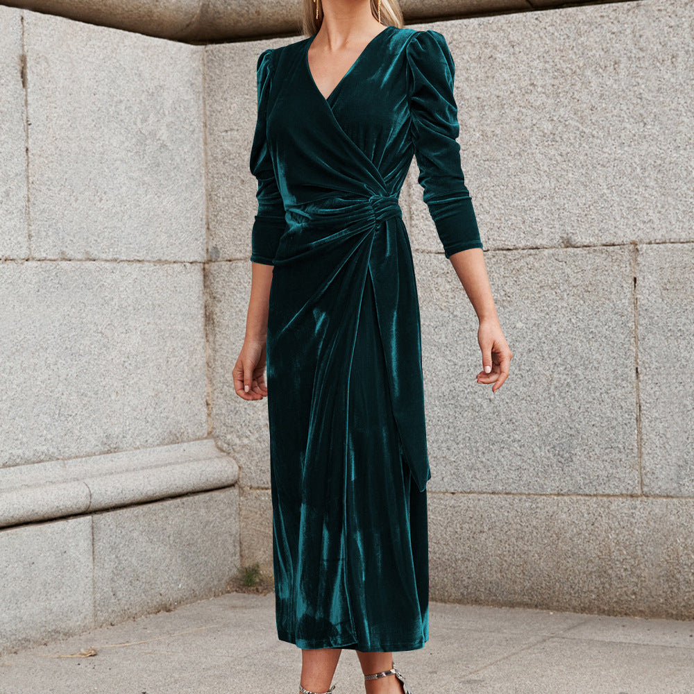 Women's Solid Color Tie Waist V-Neck Velvet Dress - Luxurious Velvet Fabric