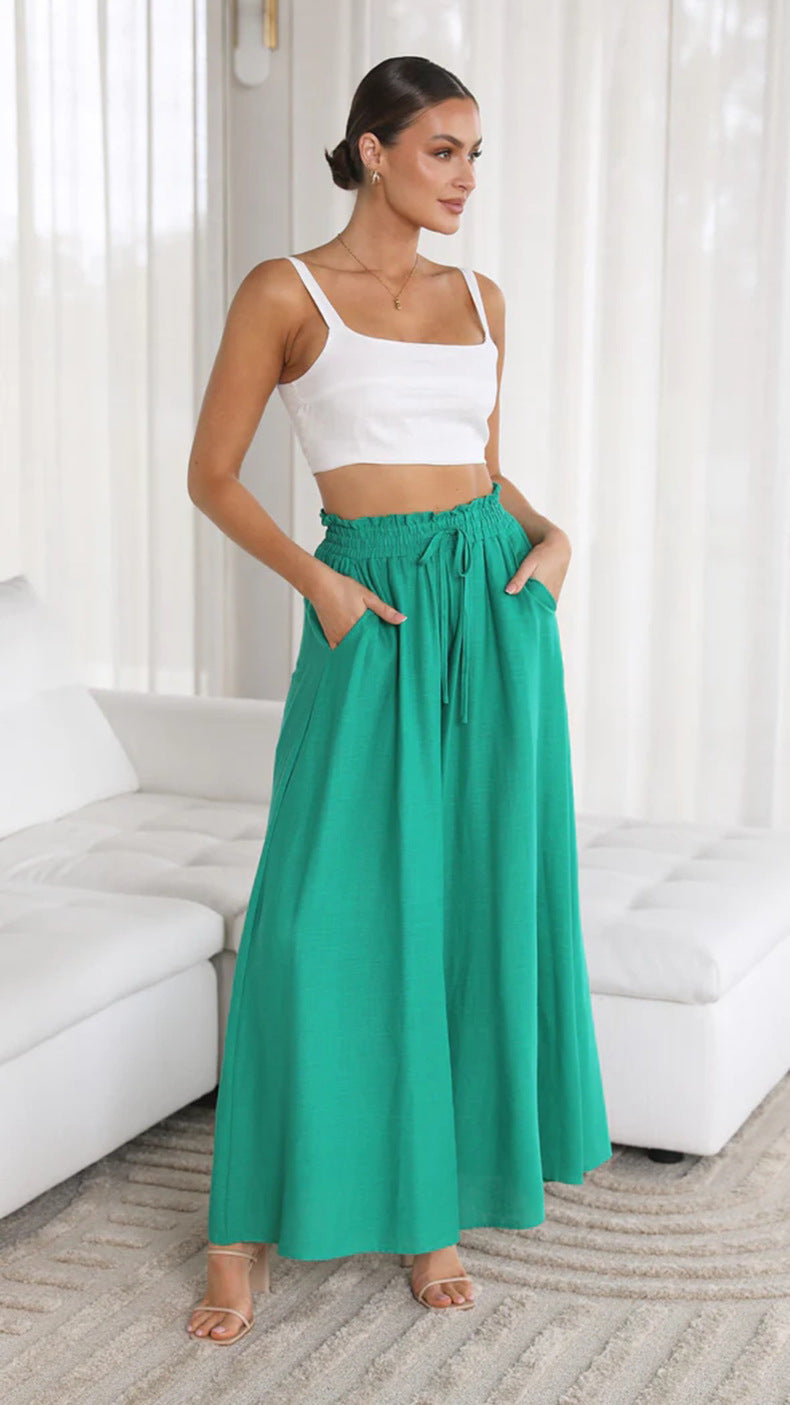 Women’s Multi-Color Elastic Waist High-Waisted Wide-Leg Long Skirt Pants