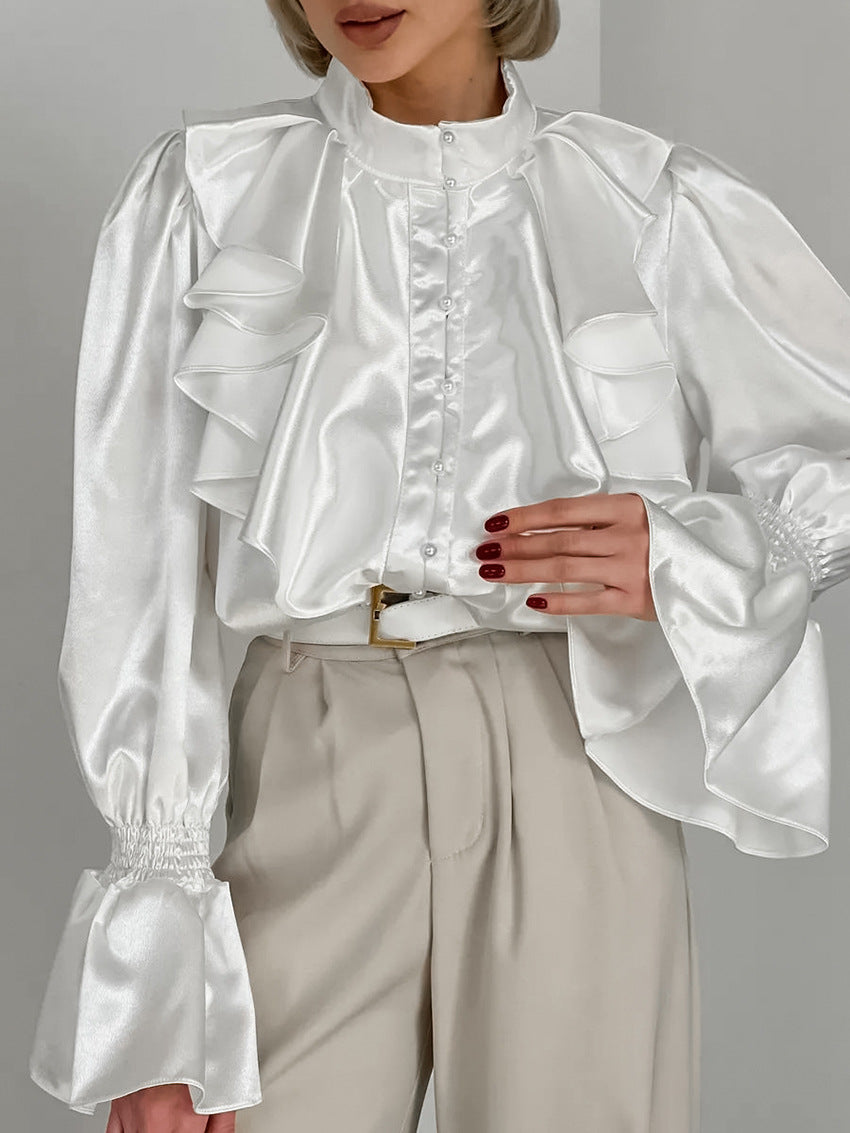 Women's Vintage Ruffle Stand Collar Satin Shirt with Bell Sleeves and Glossy Finish