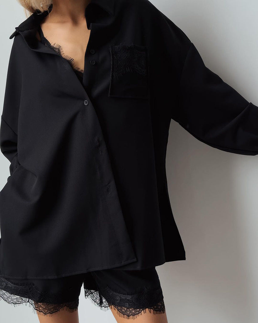 Luxury Black Lace Trim Pajama Set for Women – Long Sleeve Top & Shorts Sleepwear