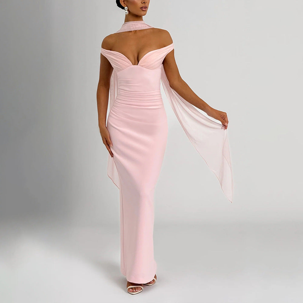 Elegant Strapless Mesh Backless Bodycon Dress 2-Piece Set with Neck Scarf