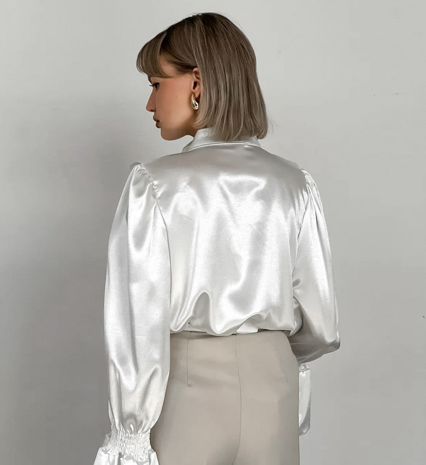 Women's Vintage Ruffle Stand Collar Satin Shirt with Bell Sleeves and Glossy Finish