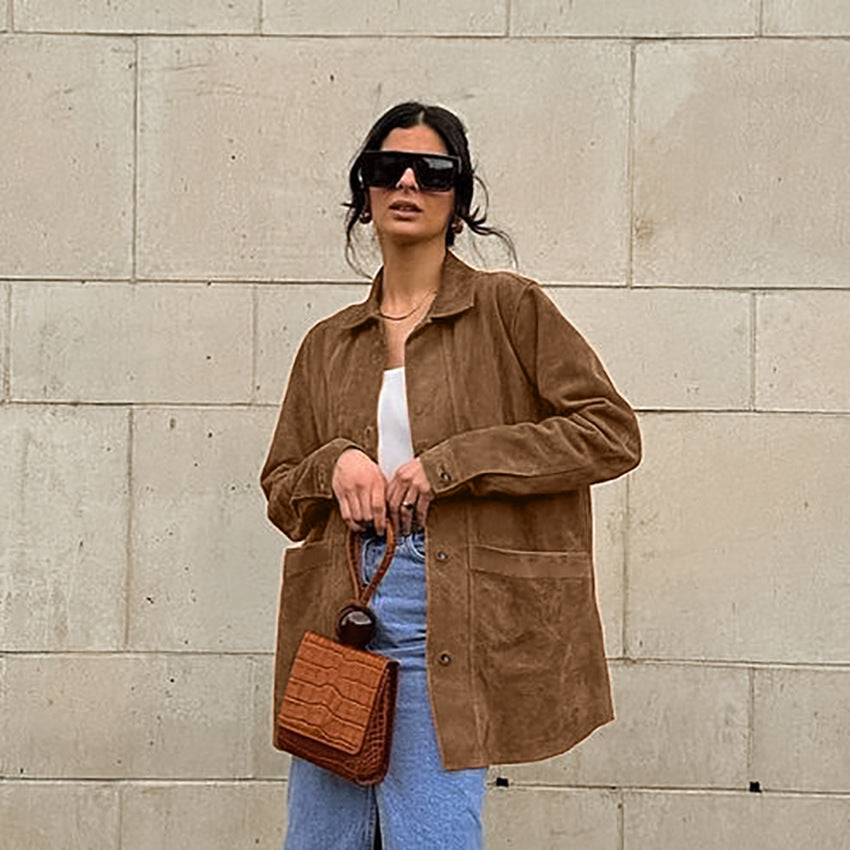 Women's British Style Suede Loose Casual Blazer Jacket