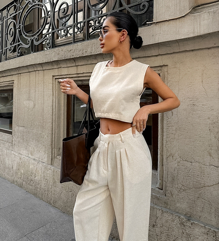 Women's Summer Fashion Casual Khaki Cotton Linen Sleeveless Top and Pants Set
