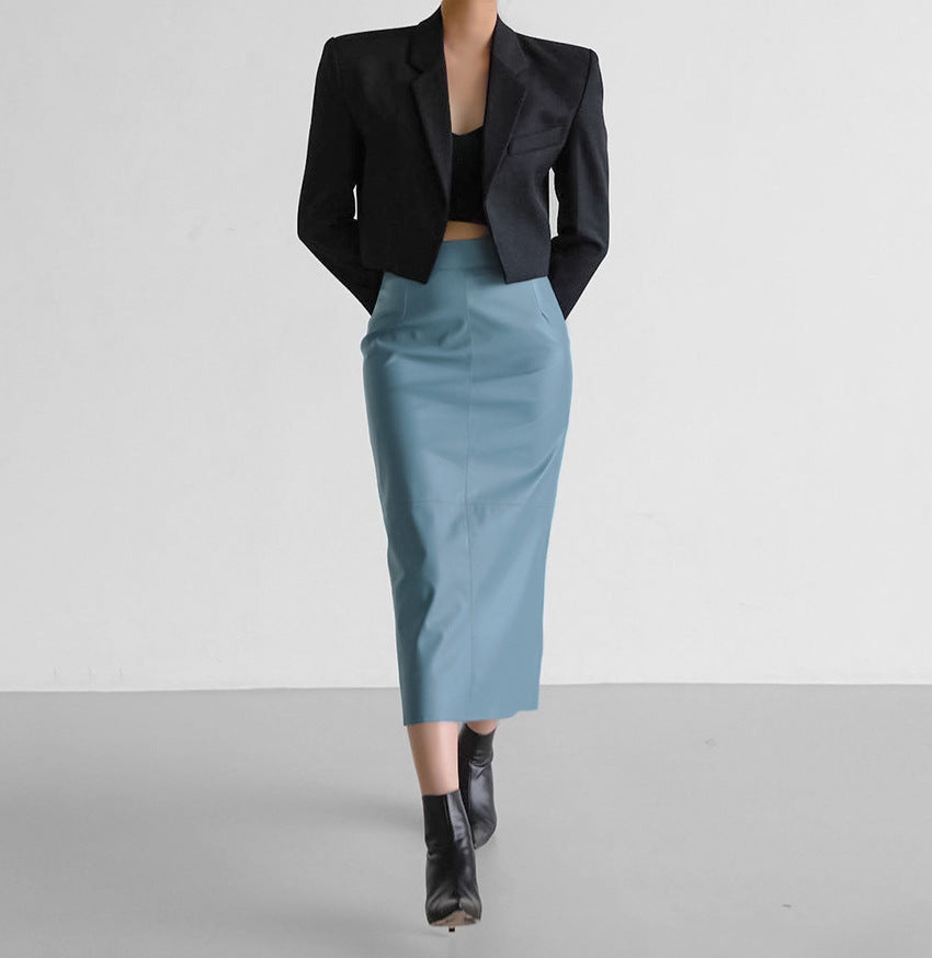 Women's High-Waisted Split PU Leather Pencil Skirt