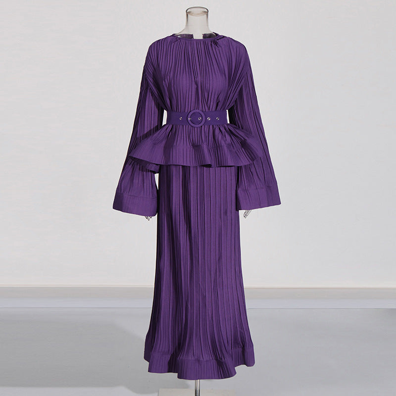 Women's Purple Pleated Ruffle Top and High-Waisted Skirt Set