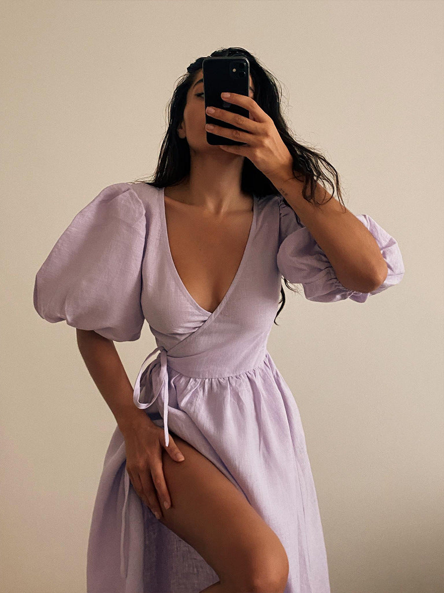 Women's Cotton Tie-Waist Puff Sleeve Midi Dress