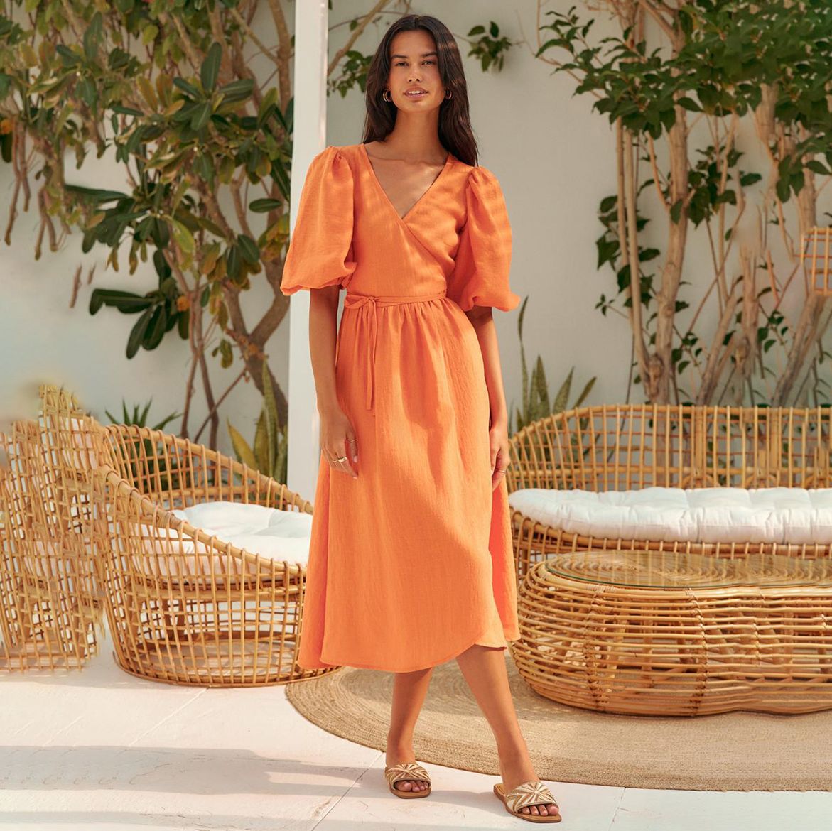 Women's Cotton Tie-Waist Puff Sleeve Midi Dress
