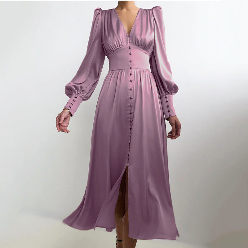 Satin Balloon Sleeve Wrap Dress