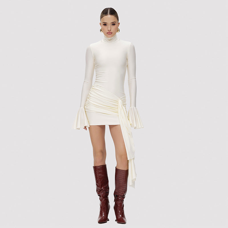 Women's Fashion Solid Color High Neck Flare Sleeve Dress